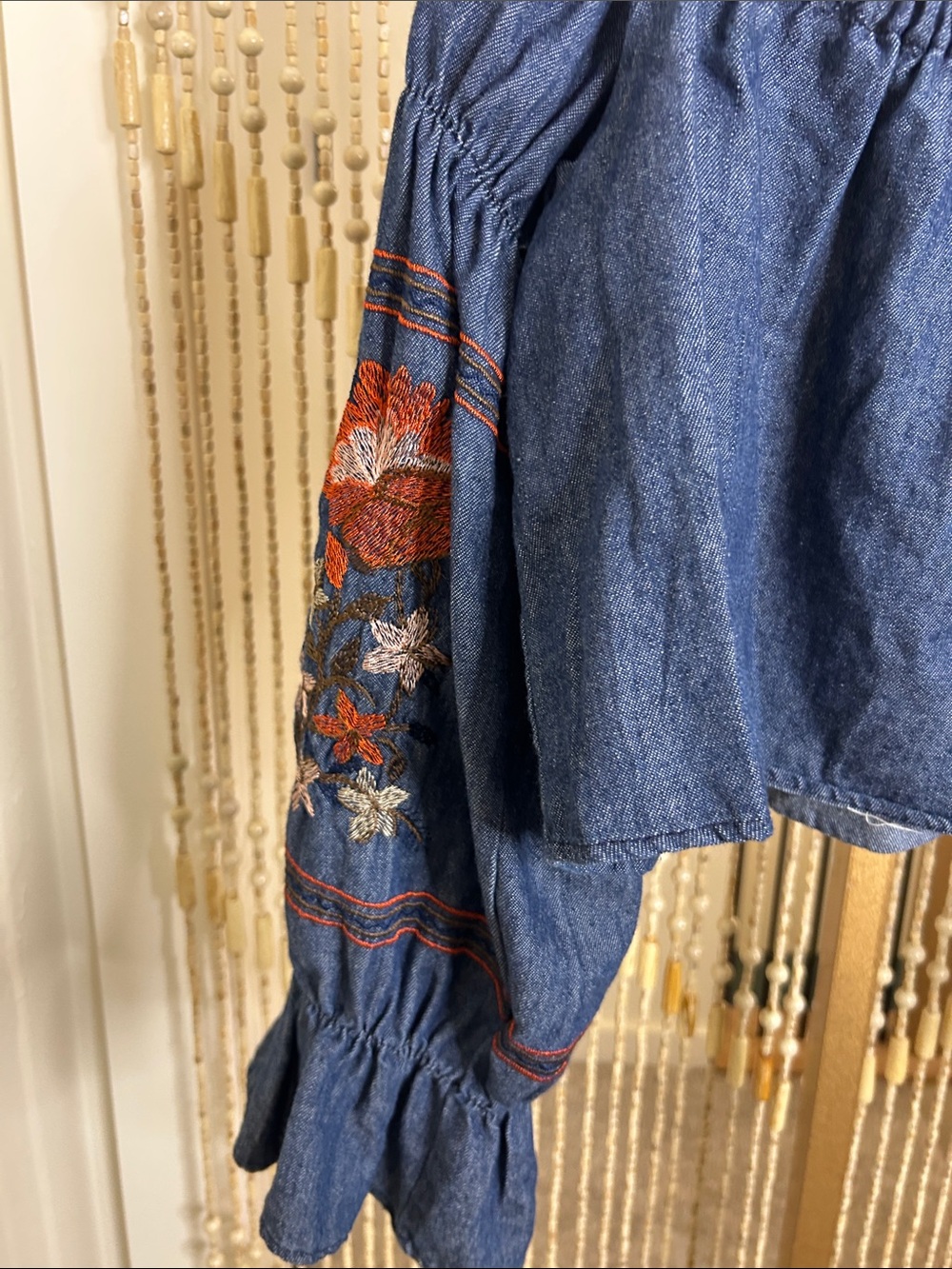 Embroidered Off-Shoulder Denim Blouse - Blue - Picture 8 of 15
